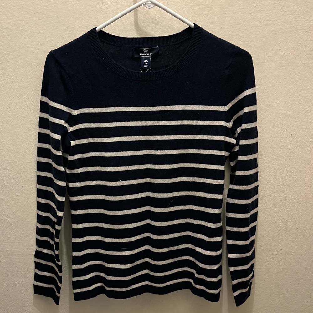 Lands End 100% Cashmere sweater navy and white stripe